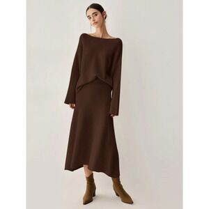 Commense Sweater and Midi Skirt Set Knit Brown Pullover Long‎ Sleeve Relaxed L